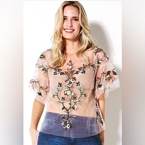 New DEX Floral Embroidered Pink Sheer Tulle Top S